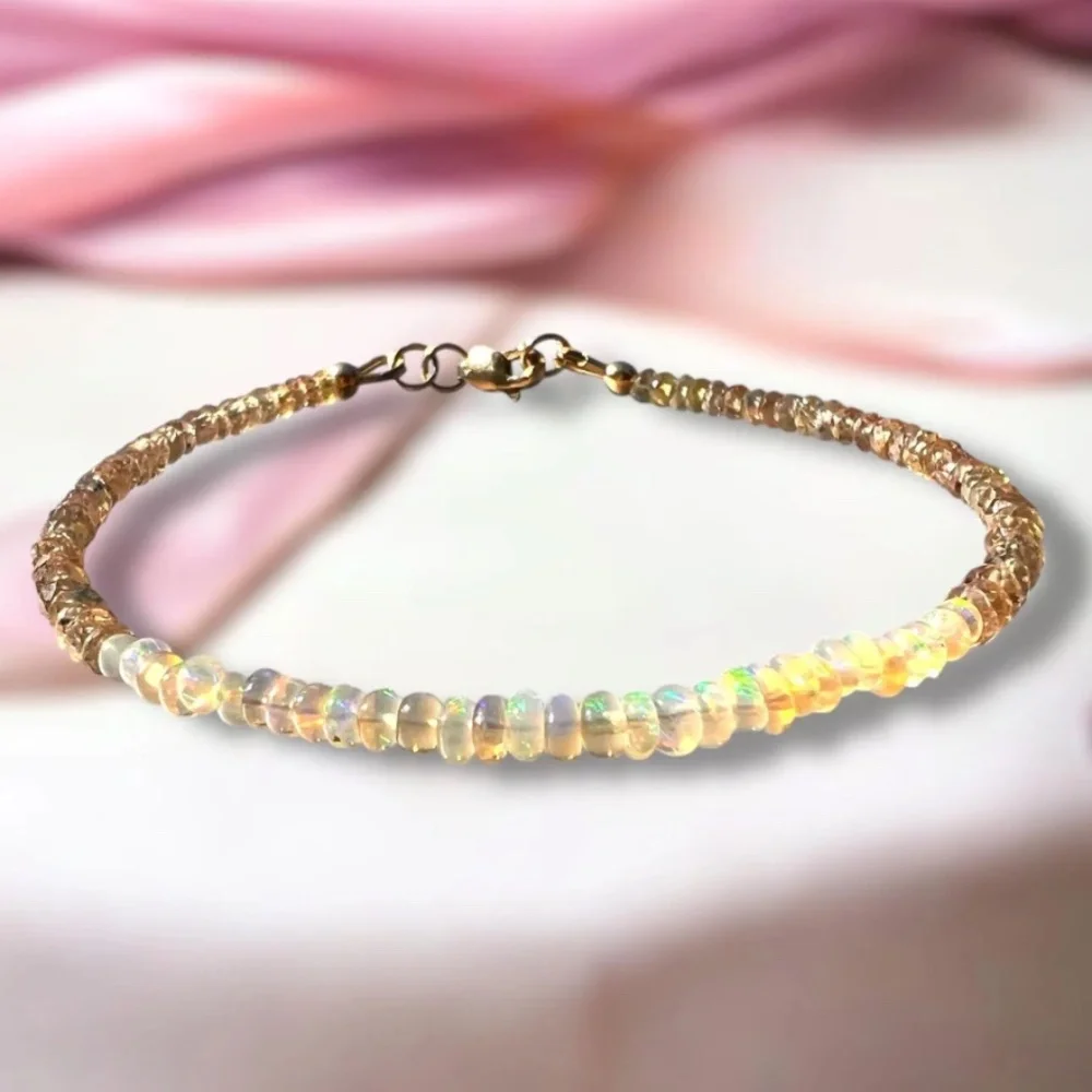 Natural Opal | Green Champagne Sapphire Bracelet Handmade Solid 14K Yellow Gold - Picture 2 of 5